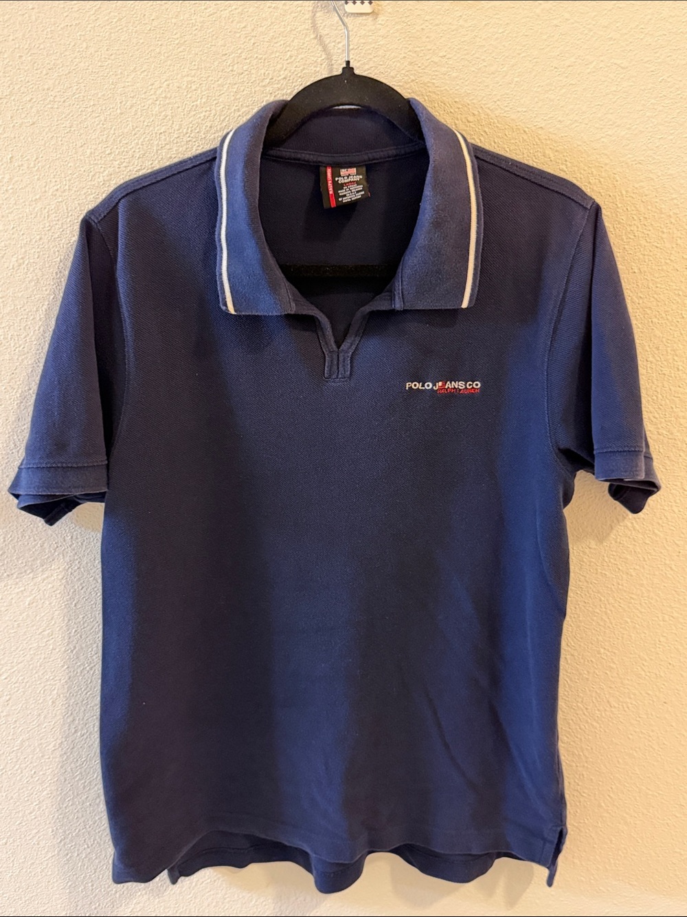 Polo Jeans Co Ralph Lauren Navy V Neck Polo Shirt Men's Large 100% Cotton